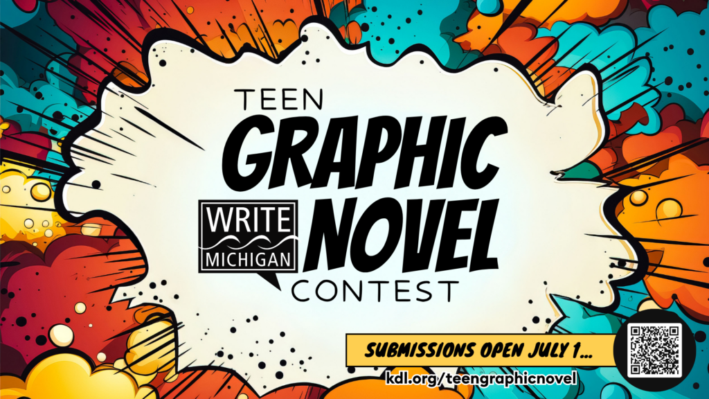 Digital Signage slide: Teen Graphic Novel Contest, Submissions open July 1